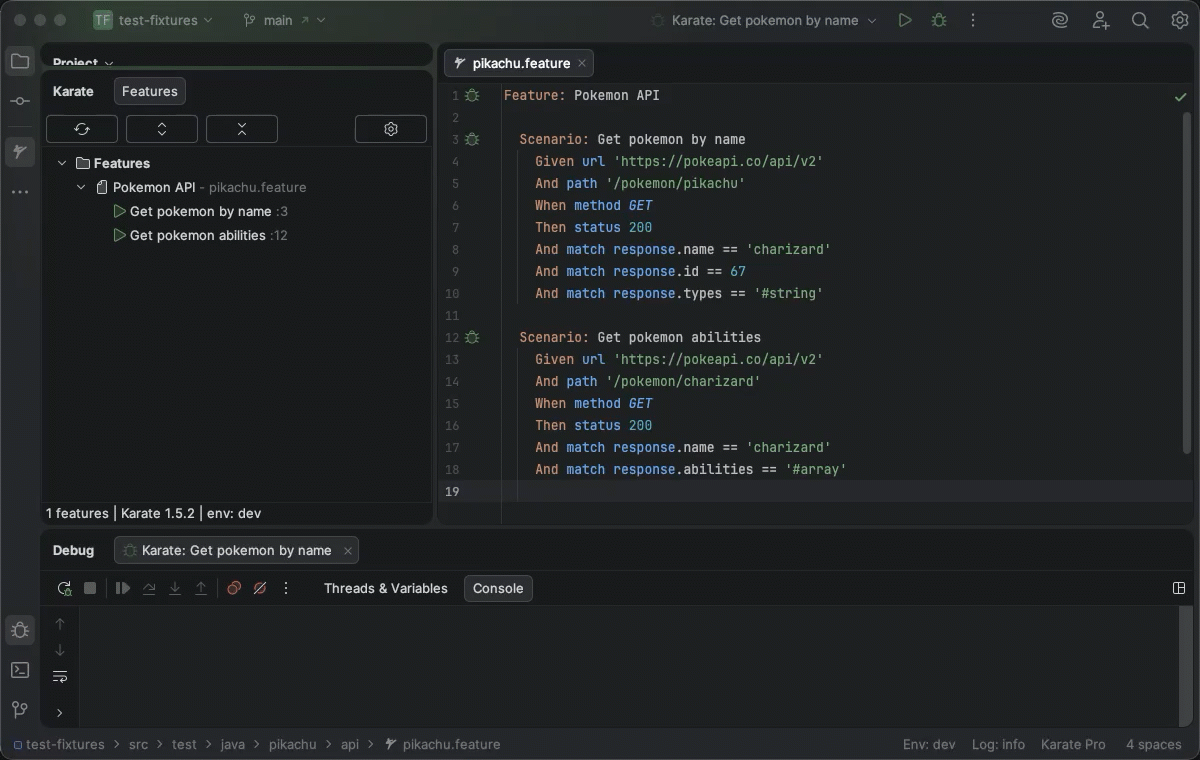 Karate Debug in action - debugging a .feature file in VS Code
